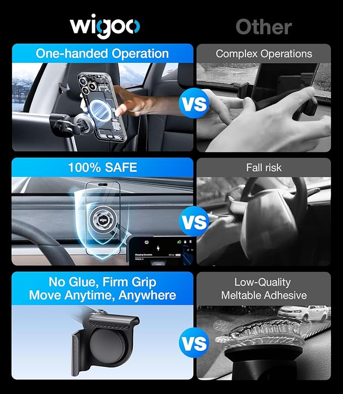Wigoo Magnetic Phone Mount for Tesla Model 3/Y/S/X Accessories, 【Strongest Magnet & No Blocking View】 Screen Side Magnetic Holder for Magsafe iPhone 17-12 & Android - Clamp (No Glue)