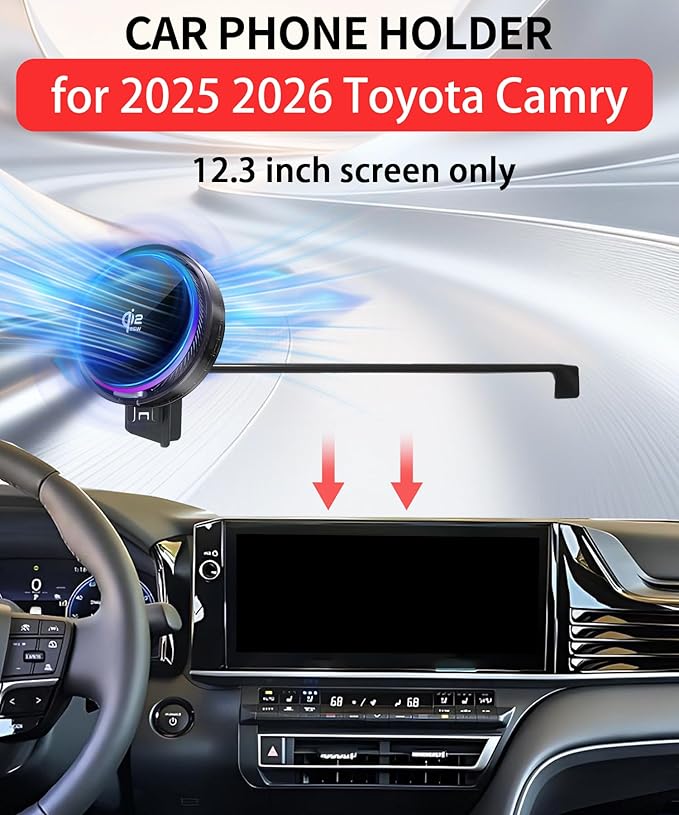 Qi2.2 25W Magnetic Car Mount Charger for 2025 2026 Toyota Camry Accessories, for Fast Charging Cell Phone Holder 12.3 Inch Screen Fixed Clip with Cooling Fan＆54W Fast Adapter