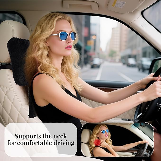 2 Pack Bow Car Headrest Pillows Plush Car Neck Pillows for Travel Driving Office Chair Head Support Cushions, Also Cute Car Decor Accessories (Black)