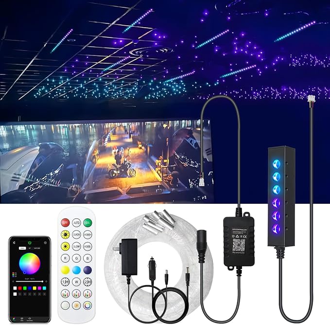 AKEPO 3.2W Mini Size 6-Hole RGB Colorful Star Chasing Fiber Optic Light Kit, 9.8ft 360pcs*0.75mm/0.03in APP Control Milti-Color Sound Activated Starlight Headliner Kit for Car Home Use