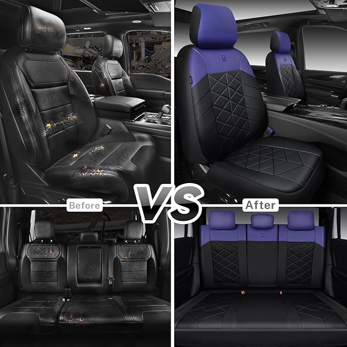 CAR PASS Nappa Leather Seat Covers for Car, Waterproof Seat Covers Full Set, Luxury 3D Rhombus Lined Sponge Airbag Compatible Universal Fit for Automotive SUV Truck Pickup Sedan, Black Blue
