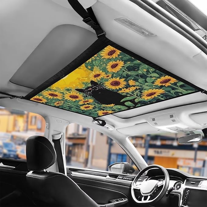 Generic Cat Sunflower Car Storage Mesh Organizer Ceiling Cargo Net Double-Layer Adjustable Zipper Truck SUVs Travel Road Trip Essentials Interior Organizer