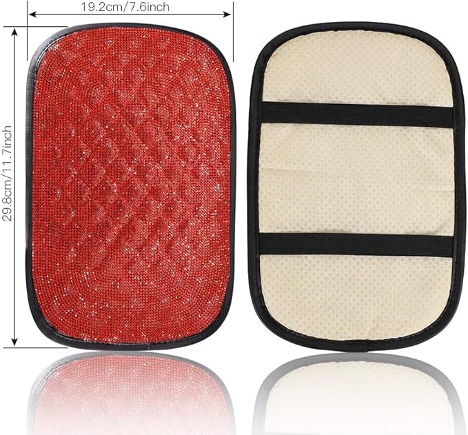 OTOSTAR Bling Bling Car Armrest Cover Luster Crystal Car Center Console Cover Protector Universal Auto Arm Rest Cushion Pads Car Interior Decor Accessories (Red)