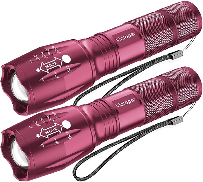 Victoper LED Flashlight 2 Pack Pink, Bright High Lumens Tactical Flashlights High Lumens with 5 Modes, Waterproof Zoomable Flash Light for Outdoor, Gifts for Hunting Camping Essentials Gear