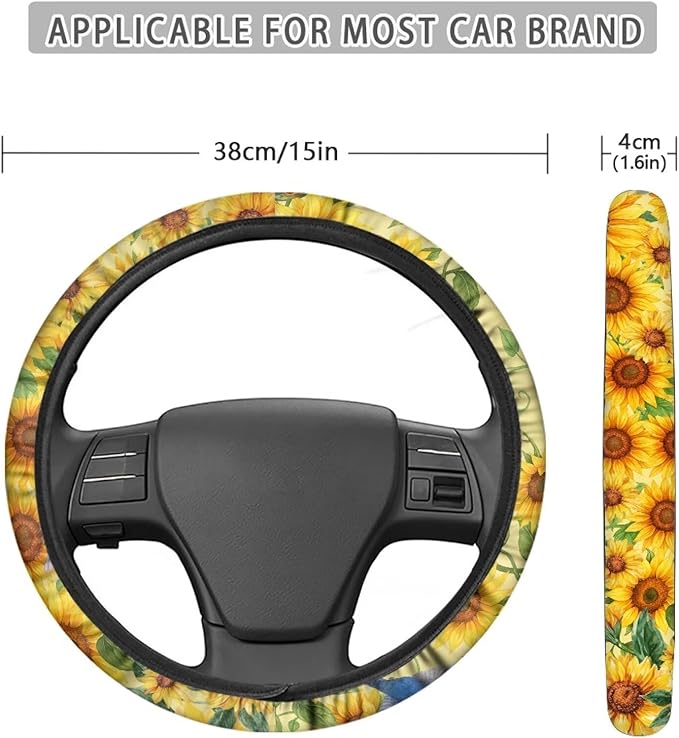 AFPANQZ Car Steering Wheel Covers 14-15" inch Universal Fit Most Car Sedans SUVs, Sunflower Print Comfortable Handmade Breathable Steering Wheel Protector