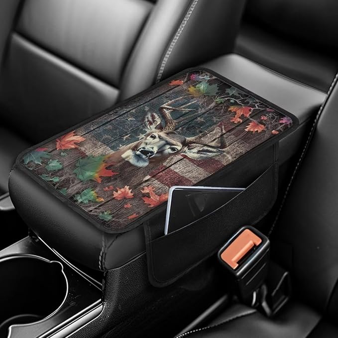 Deer Flag Leaf Print Car Center Console Cover Soft Armrest Seat Box Cover Protector Wear-Resistan Vehicle Armrest Cover Pad Car Armrest Cover Cushion with 2 Storage Bags