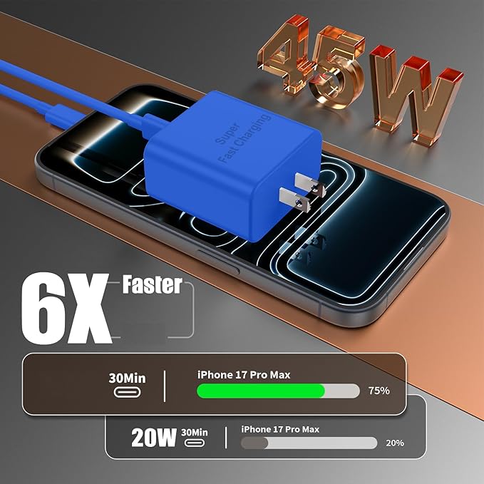 iPhone 17 16 Pro Max Charger Fast Charging, Super Fast USB C Chargers for iPhone 17(6FT+6FT+10FT) Type C Chargers Cord with Fast Charger Block for iPhone 17/16/15 Series/iPad/ GalaxyS26/S25/S24 Blue