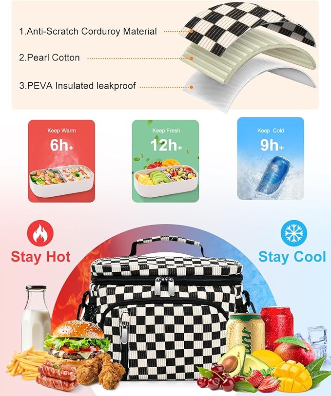 Insulated Lunch Bag for Men & Women, 9L Leakproof Lunch Box Soft Cooler Tote with 5 Pockets, 600D Oxford, EVA Lining, Adjustable Strap for Work, Picnic, Beach&Travel-Corduroy Black Checkered