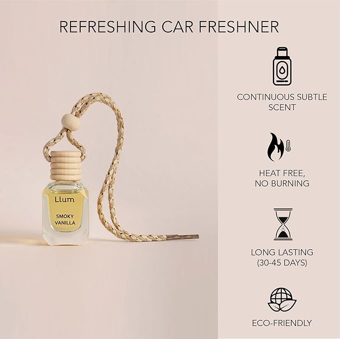 Llum Smoky Vanilla Hanging Car Air Freshener – Luxury Automotive Perfume Diffuser 10ml (0.34 fl oz), Long-Lasting Fragrance, Alcohol-Free Non-Toxic Scent, Glass Bottle With Wood Cap & AC Vent Clip