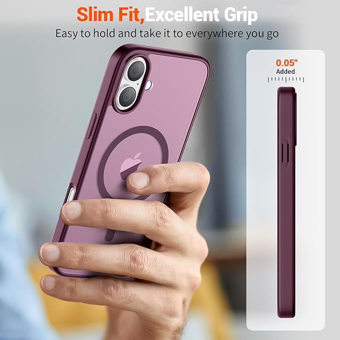 SUPFINE Magnetic for iPhone 16 Plus Case(Compatible with MagSafe)(10 FT Military Grade Drop Protection) Slim Translucent Matte Shockproof with Anti-Fingerprint Phone Case,Wine Red