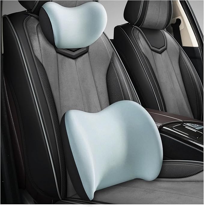 Car Headrest & Lumbar Support Cushion, Ergonomic Memory Foam Car Neck Back Support w/Removable Cover, Universal Breathable Lumbar Cushion Headrest Pillow with Adjusatble Strap (Sky Blue)