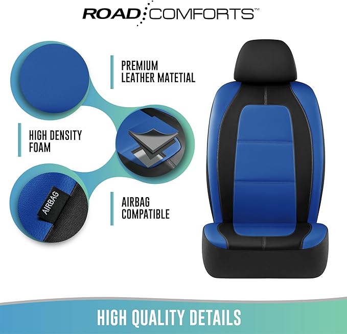 Road Comforts Car Seat Cover, Leather Car Seat Cover Full Set, Automotive Front Rear Seat Covers, Airbag Compatible Universal Fit for Most Cars (Blue)
