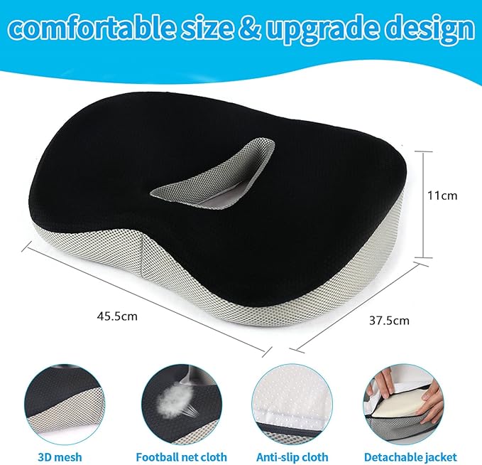 Memory Foam Seat Cushion, Pressure Relief Seat Cushion for Tailbone Pain, Anti-Skid Comfortable Hip Pillow, Support Cushion for Office Chair, Car, Wheelchair, Sciatica and Backache (Black)