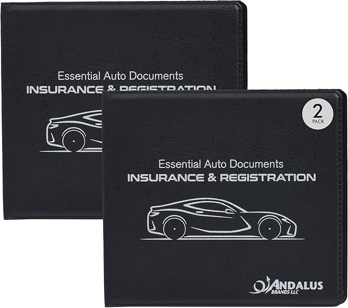 Andalus Auto Registration & Insurance Card Holder Pack of 2, Waterproof Essential Car Registration Holder with Hook & Loop Closure, Perfect for Every Vehicles Glove Boxes (Black - 5 1/8" x 4 5/8")