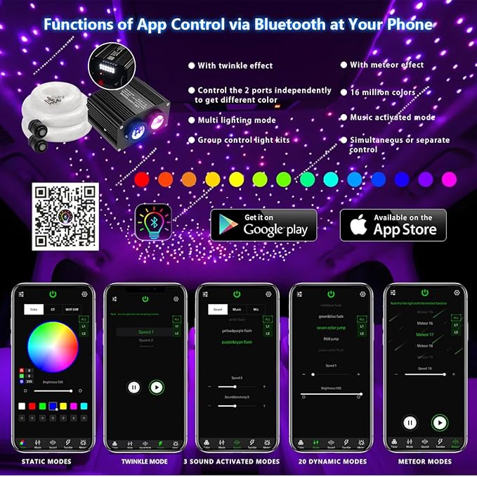AKEPO 18W Home Car Dual Color Twinkle&Shooting Star Two-in-one Fiber Optic Lights Kit, 900pcs*9.8ft*0.03in+240pcs Meteor Fibers+Music Activated+APP/Remote Control Starlight Headliner Kits