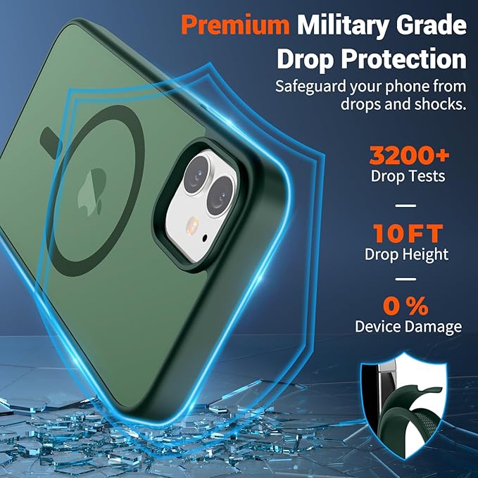 SUPFINE Magnetic for iPhone 12 Mini Case & iPhone 13 Mini Case (Compatible with MagSafe) (Military Grade Drop Protection) Slim Translucent Matte Shockproof Phone Cover,Forest Green