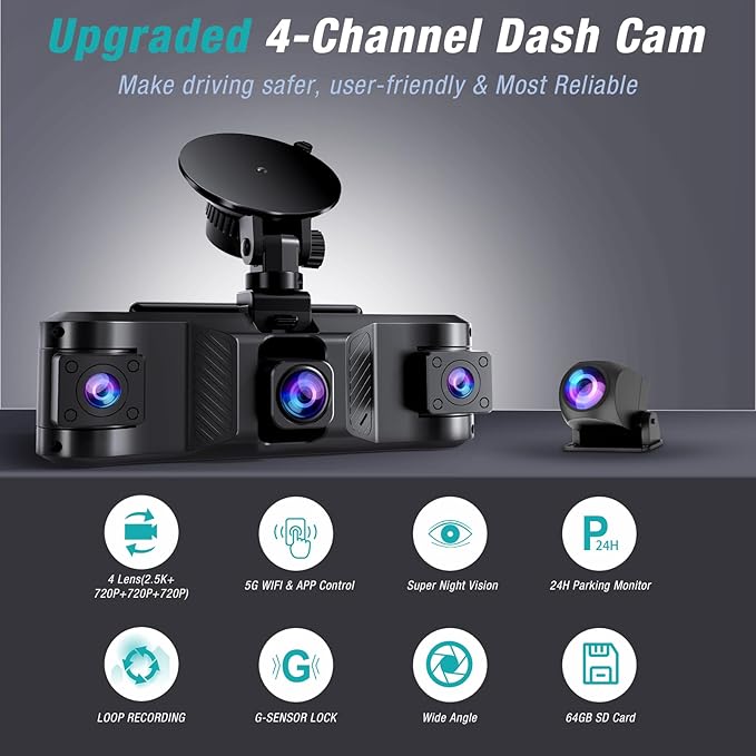 4 Channel 2.5K Dash Cam Front Rear Left Right, 170° Wide Angle Car Dash Camera with 5GHz WiFi & App Control, G-Sensor, Super Night Vision, 24H Parking Monitor, Loop Recording, 64GB SD Card Included