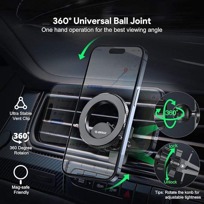 Esoulk Magnetic Ring Air Vent Car Phone Holder 360° Rotating Magnetic Car Mount with Strong Magnet, Secure Grip, Removable Universal Compatible Fits iPhone Air 17 16 15 14 13 12 11 Pro Max