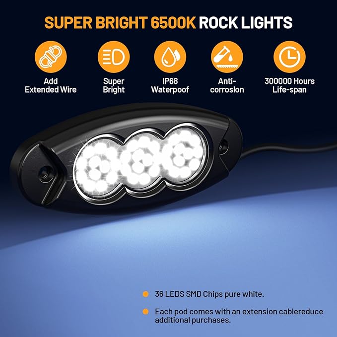 10 Pods White Rock Lights, 36 LEDs 6500K Ultra Bright IP68 Waterproof Underbody Lights for Car Truck Pickup Boat RV RZR ATV with 16.4ft Extension Wire