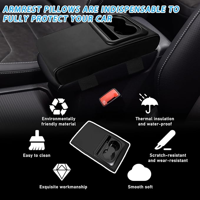 Car Center Console Armrest Pillow, Waterproof Leather Armrest Cushion with Cup Holder & Phone Holder, Memory Foam Arm Rest Box Cover Protector with Storage Bag for Most Cars (Black)
