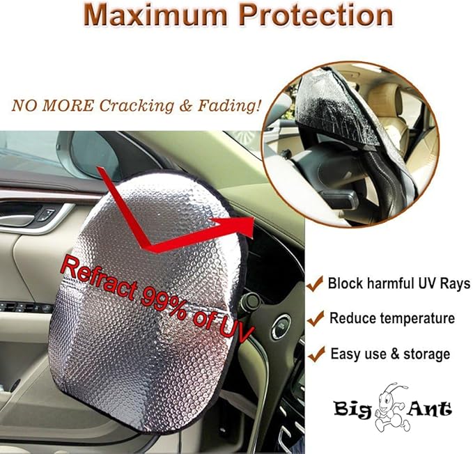 Big Ant Steering Wheel Cover Sun Shade + Bonus Side Window Sunshade-Heat Reflector Fit Most Jumbo/Standard Car-Sliver (20.1"X 17.3")