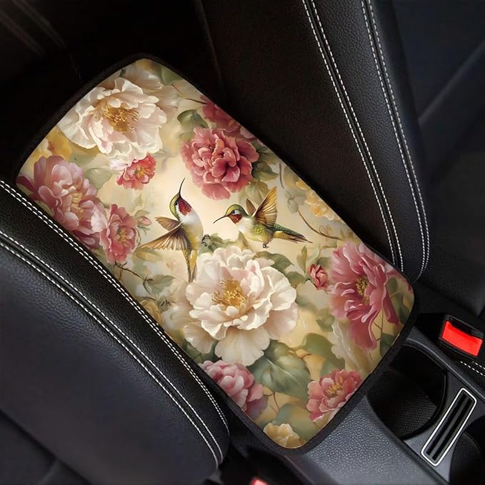 Flower Cute Hummingbirds Auto Armrest Box Cover Car Arm Rest Seat Storage Box Mat Arm Rest Cushion Pads Dog & Cat Paws Protector for SUV/Truck Vehicle
