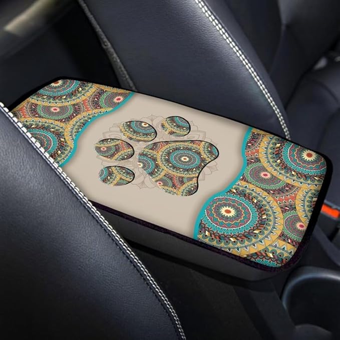 Coldinair Boho Aztec Car Armrest Cover,Dog Paw Car Center Console Pad,Soft Seat Box Cover Protector Cushion,Car Accessories Decor for Most Cars,Sedan,Truck,SUV