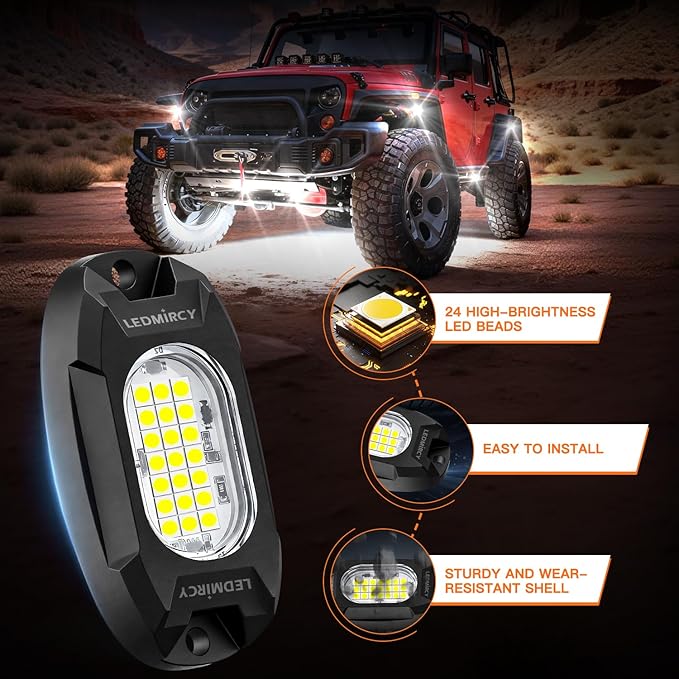 White Rock Lights,LEDMIRCY R6 LED Pure White Rock Lights 16PCS with Rocker Switch Wire Harness Kit Super Brigh Luces para Carro for Trucks UTV Off Road Boat ATV High Power Light Waterproof Shockproof