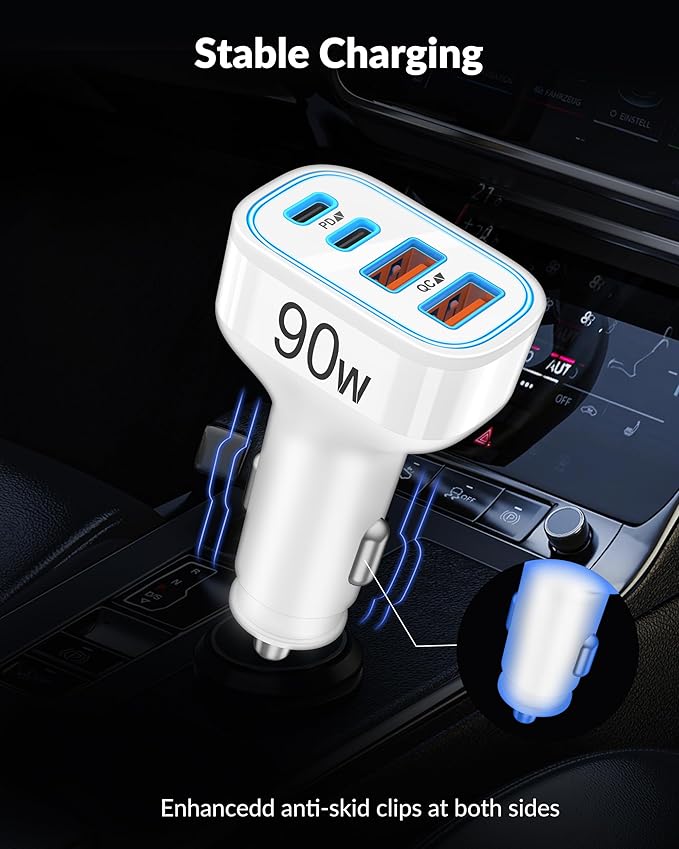 iPhone 17e 17 16 15 Pro Max Car Charger Fast Charging, 90W 4-Port USB C Car Charger 12-24V Cigarette Lighter Adapter with 3FT USB C Cable for iPhone 17/17 Pro Max/17e/16/16 Pro Max/15 Pro/Plus, iPad