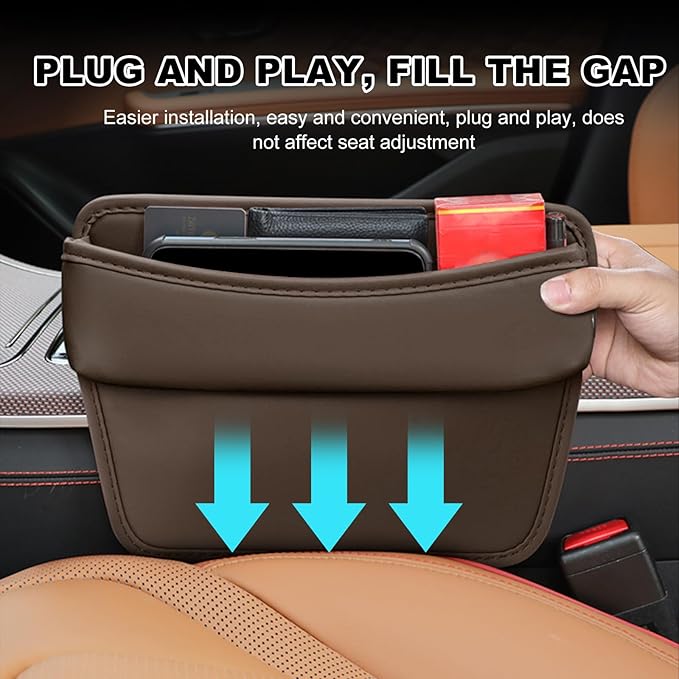 DXNQ Large Capacity Car Seat Gap Filler Organizer, Leather Car Front Seat Slot Storage Box Keeps Car Tidy, Portable Car Seat Gap Filler with 2 Charge Holes for Phones Glasses Keys Cards (Brown)