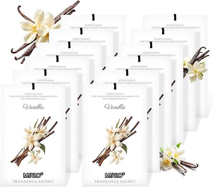 MYARO 12 Packs Vanilla Scented Sachets for Drawer and Closet, Long-Lasting Closet Sachet Bags Drawer Deodorizers Fresh Scents, Home Fragrance for Lover