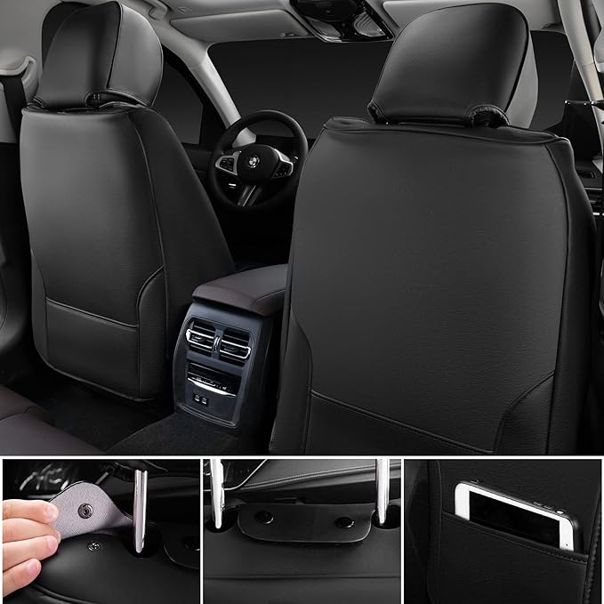 CAR PASS Nappa Leather Car Seat Covers Full Set & Carbon Fiber, Waterproof and Durable All Weather Protector, Universal Fit for SUV Pick-up Truck Sedan Automotive Vehicle Interior (5 Seats, Black)