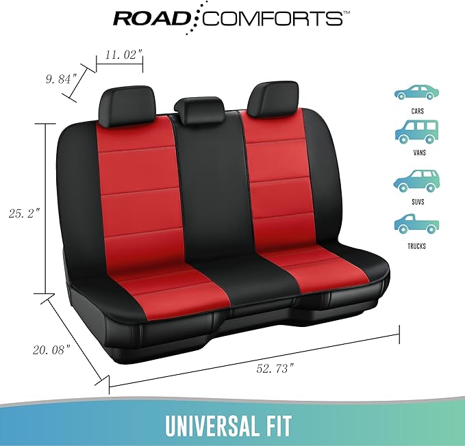 Road Comforts Car Seat Cover, Leather Car Seat Cover Full Set, Automotive Seat Covers, Airbag Compatible Universal Fit for Most Cars (Red)
