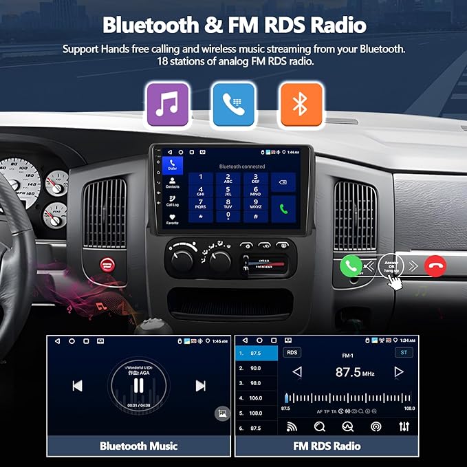 4G+64G Car Stereo Radio for 2002 2003 2004 2005 Dodge RAM 1500 2500 3500 with Wireless CarPlay Android Auto Android 15 Head Unit 9" Touch Screen Radio with 16EQ GPS FM Bluetooth 5.0 HD Backup Camera