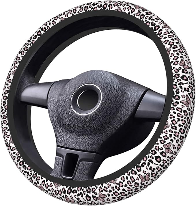 Black And White Leopard Print Auto Car Pink Butterfly Steering Wheel Cover Universal 15 Inch Neoprene Interior Decor Protection Accessories