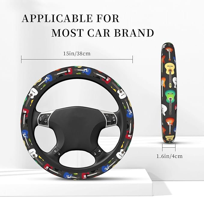 Musical Car Steering Wheel Cover for Women Acoustic Electric Guitars Men Stretch Cloth Anti-Slip Wrap Protector Case Fit Universal Auto Accessories Decor Sweat Absorption 14-15 Inch