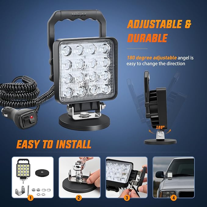 Nilight LED Light Bar 4Inch 48W Square Portable Flood Pod Cigarette Lighter Powered with Wiring Magnetic Base 16LEDs Fog Driving Work Roof Bumper Lights for Truck Tractor Golf Cart UTV