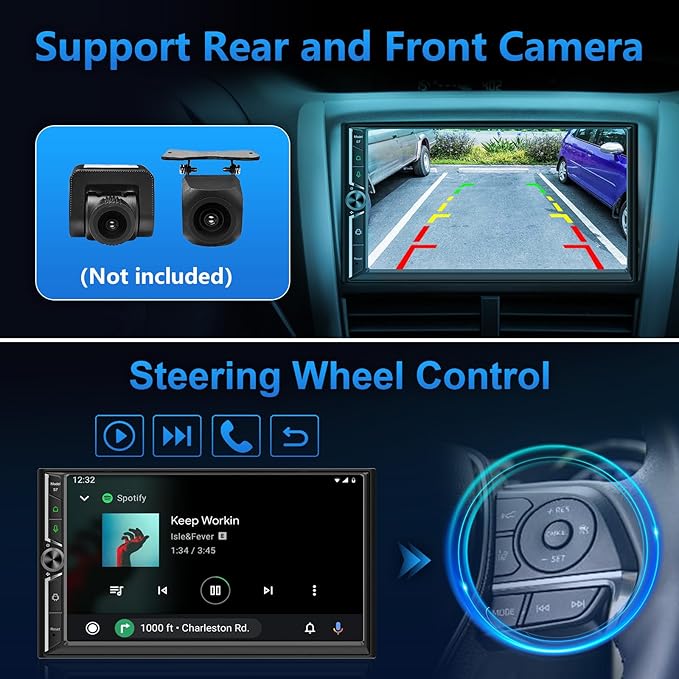 Double Din Car Stereo Wireless Apple CarPlay Android Auto,7 in Android Car Radio Head Unit with QLED Touchscreen, Bluetooth,WiFi, GPS Navigation, FM/USB/SWC/AUX/Subwoofer