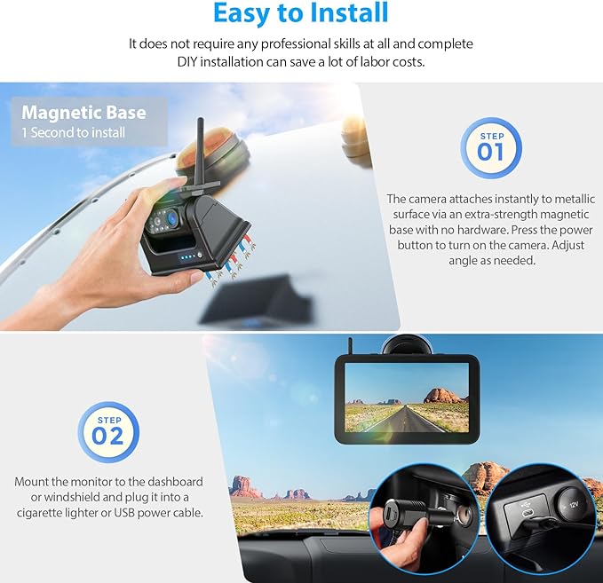 Magnetic Solar Wireless Backup Camera 1080P 7" DVR Monitor, Rechargeable RV Camera Wireless System for Hitch Towing Travel RV Camper 5th Wheel, Built-in 9600mAh Battery & Solar Panel -ZEROXCLUB BD701