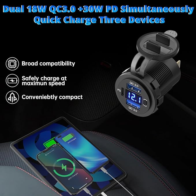 Qidoe 12V USB Outlet Dual 18W Quick Charge 3.0 Port & 30W PD 12V USB C Car Charger Socket with Voltmeter and Power Switch, Waterproof Multiple Car USB Port Adapter for Car Boat Marine Truck Golf RV