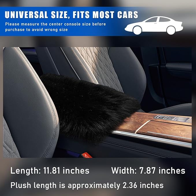 Furry Car Center Console Cover, 11.8"×7.9" Sheepskin Wool Armrest Box Cushion Pad, Comfort Soft Auto Center Console Protector, Interior Decor Accessories for Most Vehicles (Black)