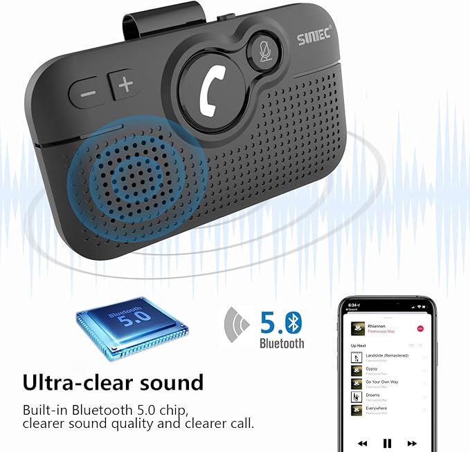 Handsfree Bluetooth Car Kit for Cell Phone, Wireless Bluetooth Speaker for Car, AUTO Power ON Support Siri Google Voice Assistant Hands Free Phone Speakerphone with Visor Clip-BC980SA