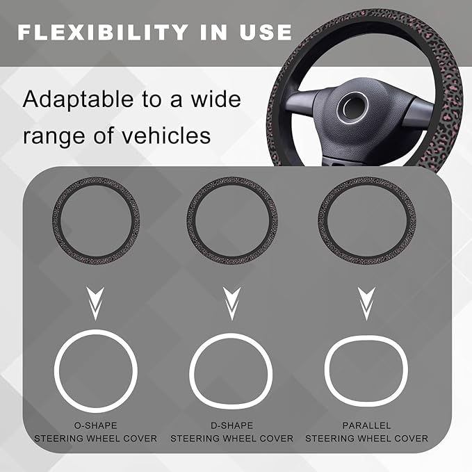 Pink Black Leopard Cheetah Print Steering Wheel Cover, Cute Anti-Slip Breathable Car Accessories Interior Elastic Steering Wheel Cover for Women Fit Auto, SUV Vans Truck Universal 14.5-15 Inch