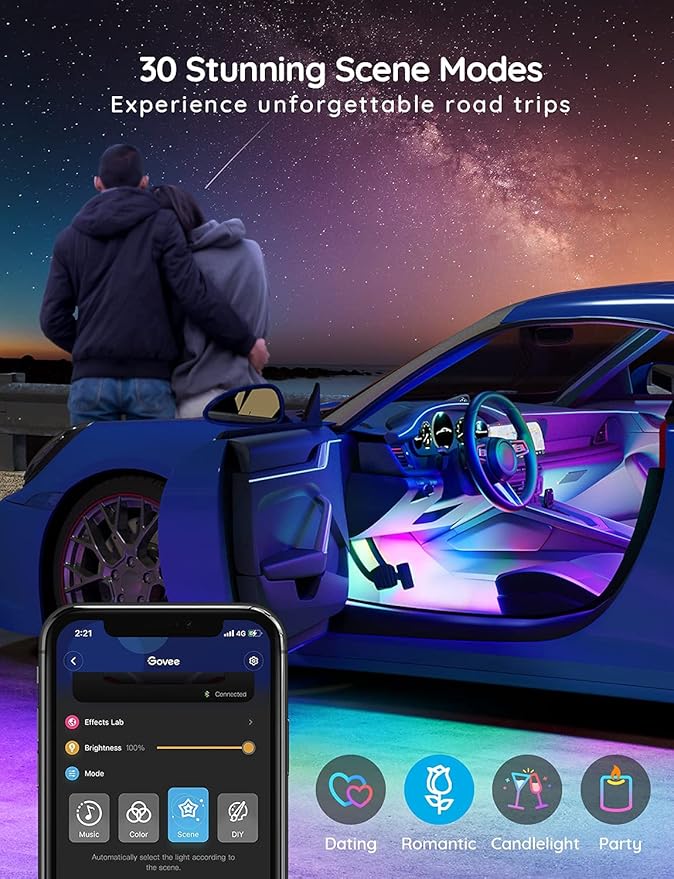Govee Car LED Strip Lights, Smart RGBIC Interior Car Lights with APP Control, 4 Music Modes and 16 Million Colors, 2 Lines Design LED Lights for Car Decor, DC 12V