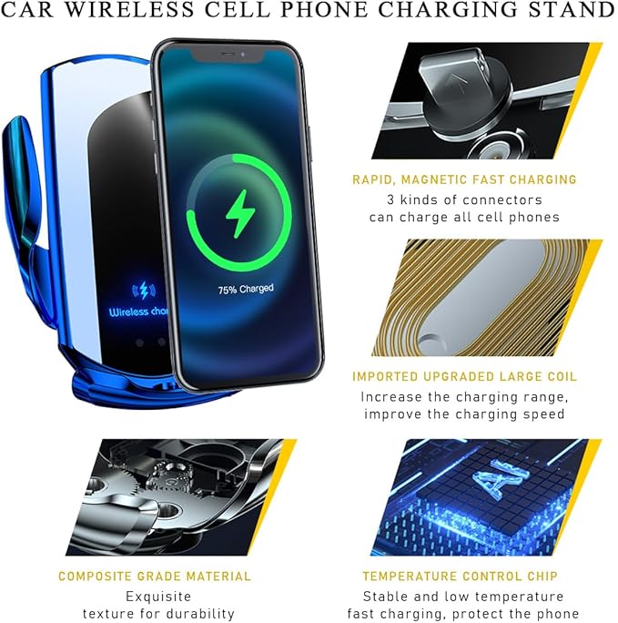 Ohleats Wireless Car Charger Mount, 15W Automotive Electric Wireless Charger Holder, Car Air Vent Mount Bracket Fast Charging for Most Smartphone, Universal Car Accessories (Blue)