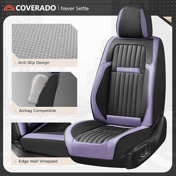 Coverado Car Seat Covers Front Seats, Seat Covers for Cars, Car Seat Protector, 2-Pack Car Seat Cushion Nappa Leather, Waterproof Seat Covers Carseat Cover Universal Fit for Most Cars(Purple&Black)