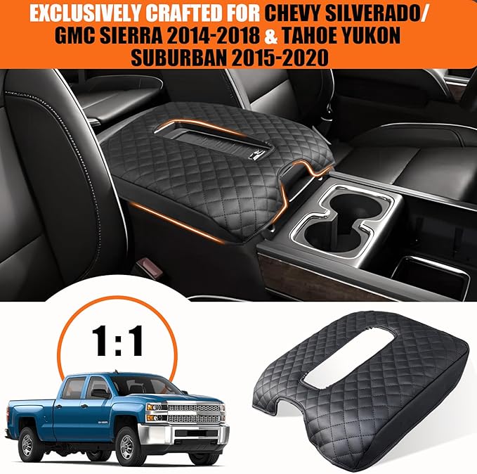 Center Console Cover for Chevy Silverado & GMC Sierra 1500 2500 3500 2014-2018 & Tahoe Yukon Suburban 2015-2020, Scratch Resistance Armrest Cover Accessories, Bucket Console Only - Black