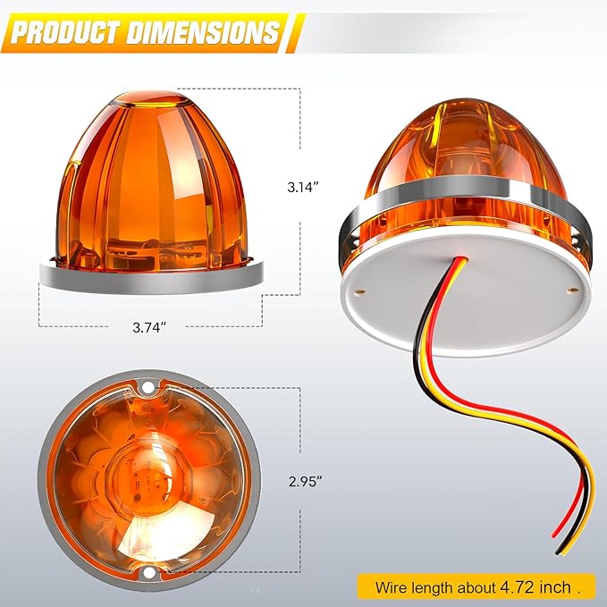 BJZ 8Pcs Amber Watermelon LED Strobe+Constant Marker Lights Dual Function Watermelon-shaped Side Marker Clearance Tail Top Cap Roof Lights for Trailer Truck Semi-trailer Heavy-duty Truck Bus Van