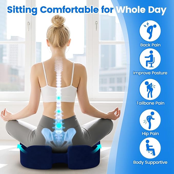 Seat Cushion with Carry Handle, Memory Foam for Tailbone/Sciatica Easing, Chair Cushions for Cars, Desks, Office Chair Cushion with Non-Slip Design, Ideal for Post-Surgery Recovery (Blue)