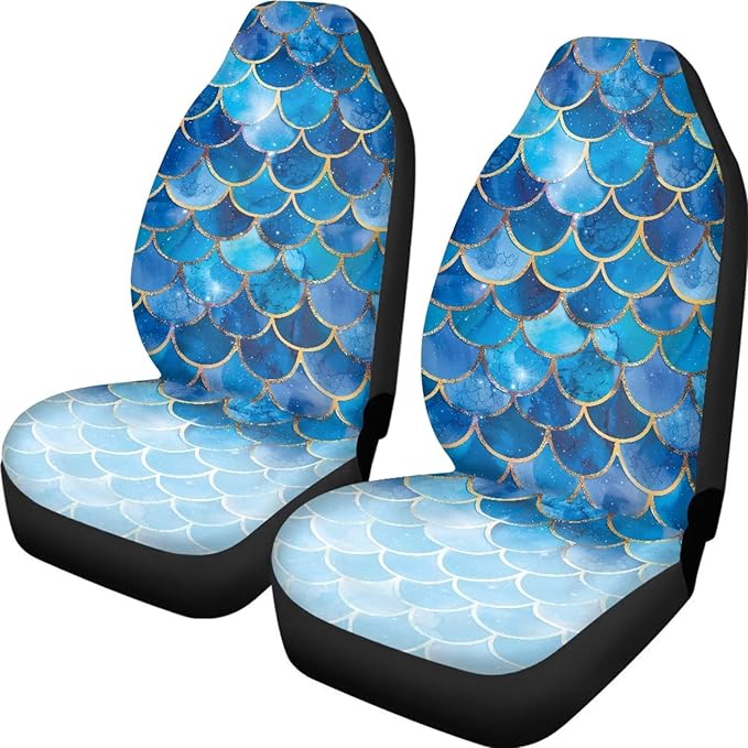 Gradient Blue Mermaid Scale Print Universal Car Seat Covers Front Seats Only for Women,Fit for Most Cars